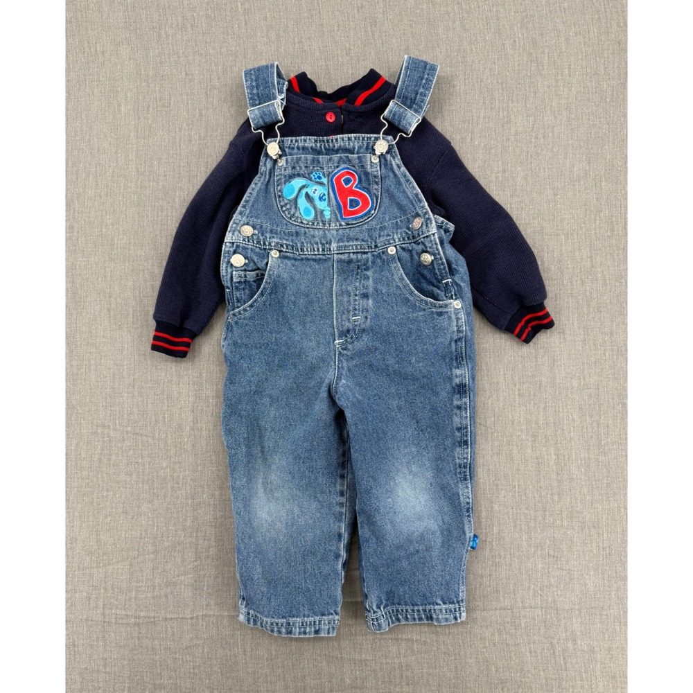 Vintage 2000 Blues Clues Denim Overalls and Waffle Knit Shirt Set 2T Navy Blue